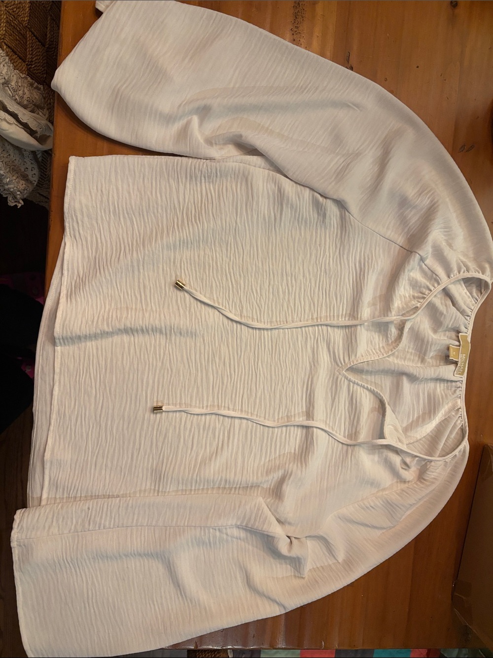 Michael Kors Cream Long Sleeve Drawstring Tunic Blouse